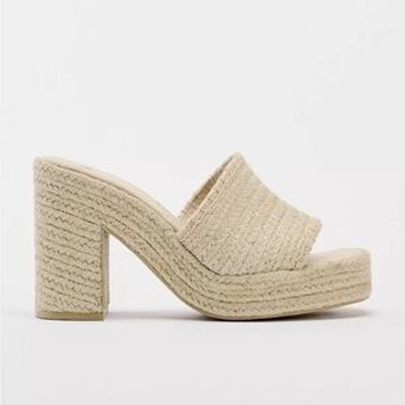 ZARA Woven Wicker Platform Square Toe Slide Block Heel Sandals Tan 38 / US 8 - Picture 1 of 9